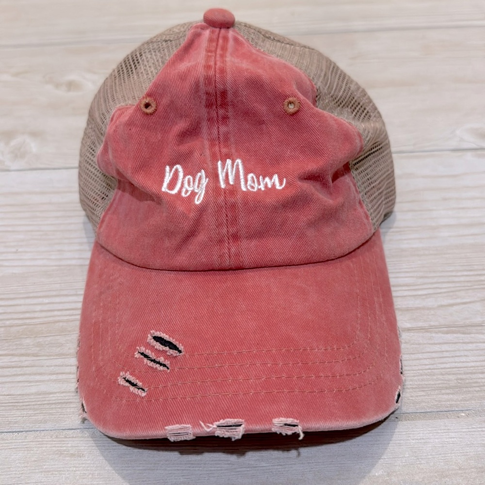 Dog Mom Adjustable Distressed Baseball Hat with Mesh Back